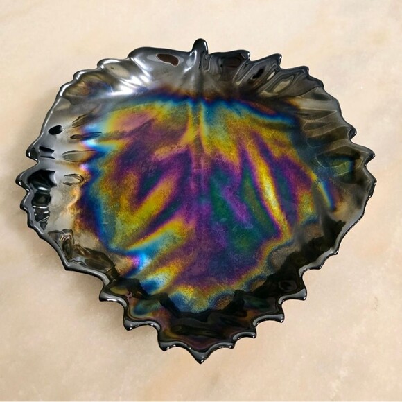 Yalos Casa Murano Glass Black Iridescent Large Leaf Dish Bowl Italy Vintage - Picture 7 of 8